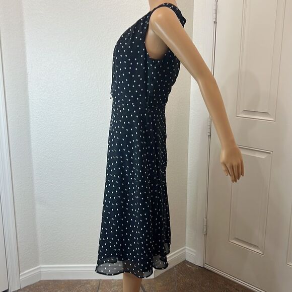 R&K Dress Size 8 Black White Polka Dots Scoop Neck Sleeveless Midi Sheer Lined - Picture 3 of 10